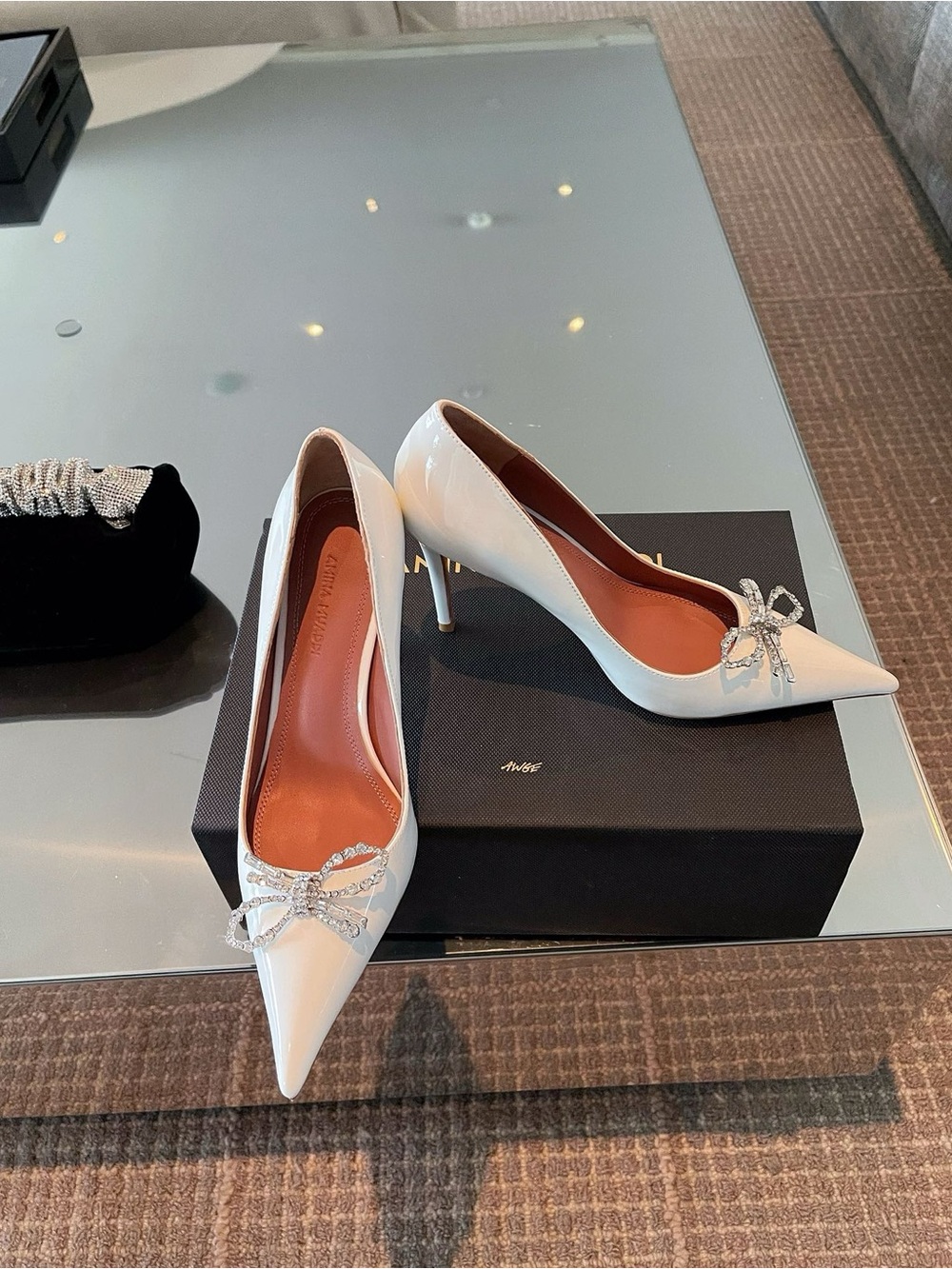 Amina Muaddi White Patent Pointed Pump with Crystal Bow - Picture 7 of 9